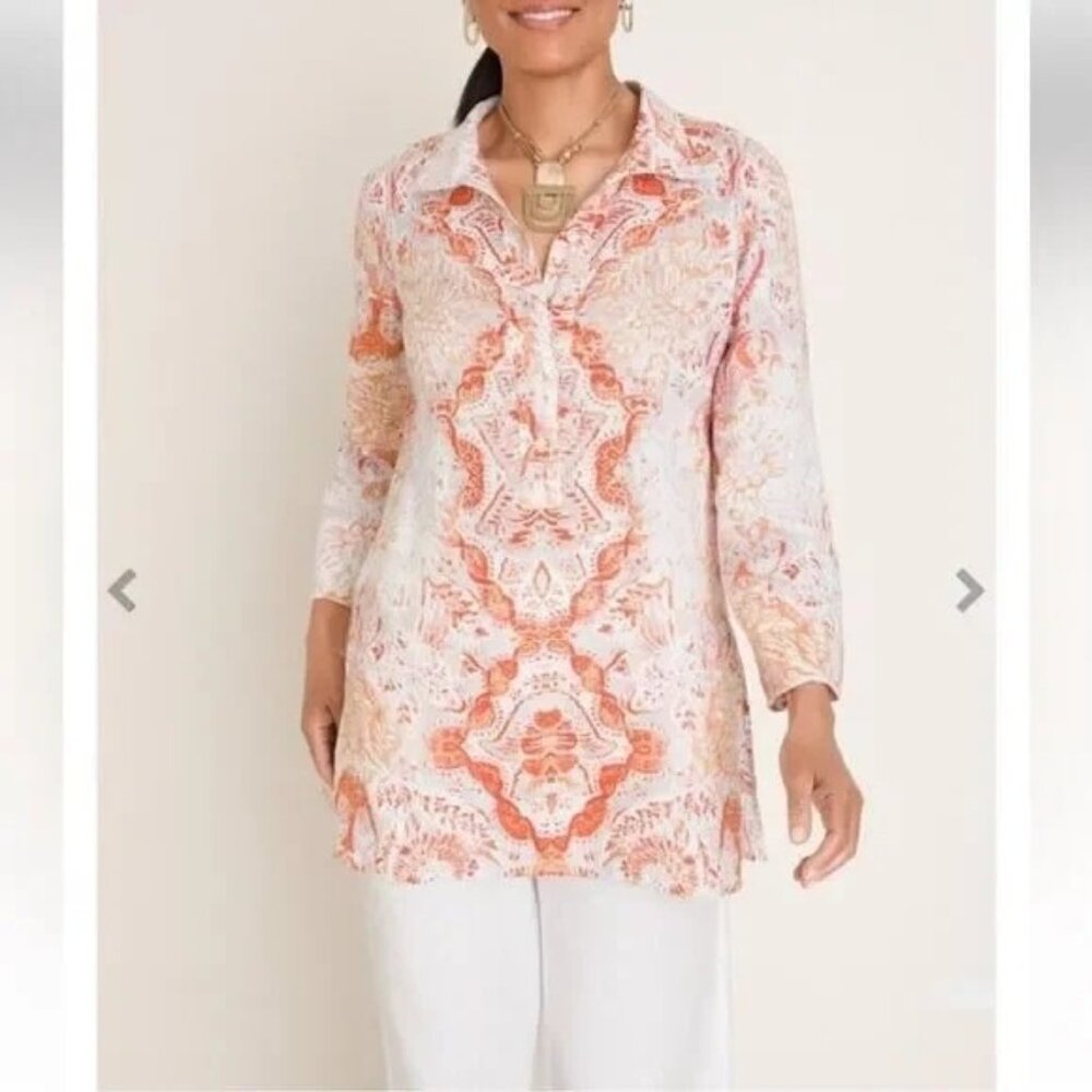 Chicos Womens Large Medallion Print Tunic Top 100% Linen 3/4 Sleeve Shirt Blouse